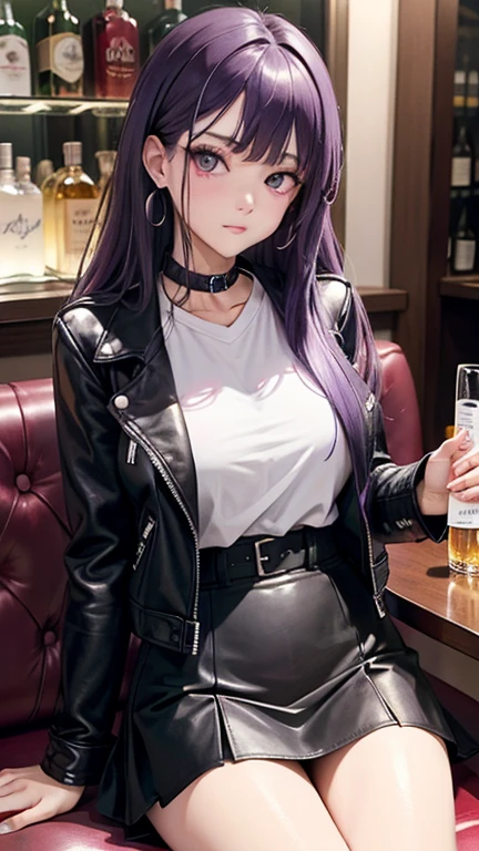 (best quality:1.1), (Masterpiece:1.2), High quality shadow, beautiful details, Beautiful face, Detailed eyes, depth of field, high resolution, best shadow, best light, 1 girl, see the audience, shiny purple hair, smooth, blunt, long hair, ruby pink eyes, shy, very big breasts, pump, Single strap shirt, black leather jacket, black leather skirt, table, mirror, liquor bottle, night time, rift,  eyes, pub bar background, sexy, cool, throw, Cool ,Ear jewelry, Sitting cross-legged, sofa , bitch