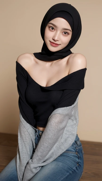 Two 20 yo woman,hijab, sweater, dark theme, soothing tones, muted colors, high contrast, (natural skin texture, hyperrealism, soft light, sharp), simple background, slim body with small breast, (small size breast: 1.6) using off shoulder tight clothes, 2girl, tinu , small round breast, using white sweater, using black hijab, gigantic breast, gigantic , sweet smiling, sittingsitting,  a man lick her armpit