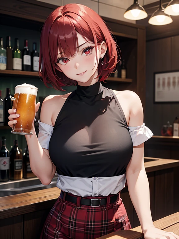 mature 1 woman, alone, drunk, perfect anatomy, attractive, large red eyes, short red hair, rendered eyes, detailed eyes, wearing black off shoulder top, plaid skirt, symmetrical face, smirk, blushing, lusty, (perfect face), in a Japanese bar, buying beer, behind bar counter, drinks on counter, sushi on plates, 2 on counter, simple background, dark background, dark atmosphere, 8K, perfect quality ,masterpiece, high quality, very high resolution, shot straight