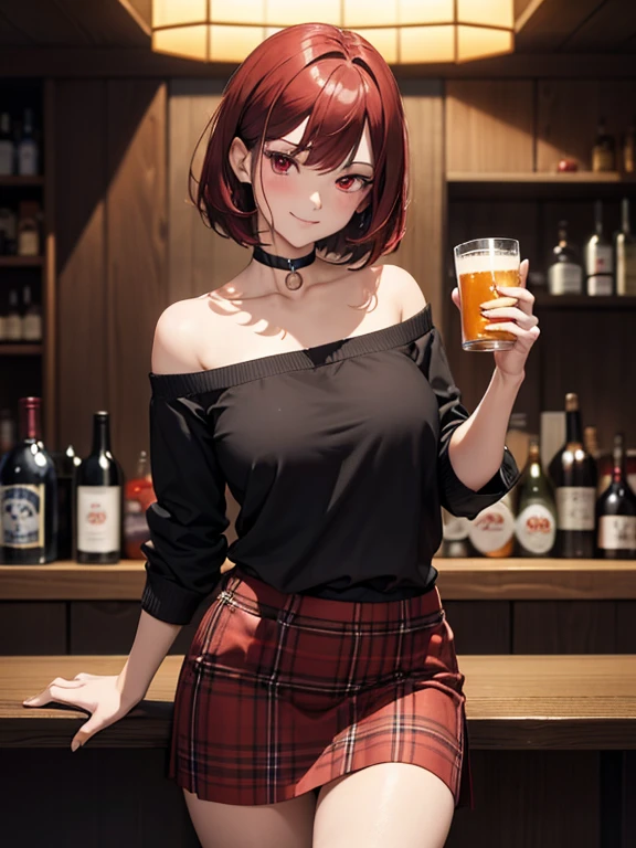 mature 1 woman, alone, drunk, perfect anatomy, attractive, large red eyes, short red hair, rendered eyes, detailed eyes, wearing black off shoulder top, plaid skirt, symmetrical face, smirk, blushing, lusty, (perfect face), in a Japanese bar, buying beer, behind bar counter, drinks on counter, sushi on plates, 2 on counter, simple background, dark background, dark atmosphere, 8K, perfect quality ,masterpiece, high quality, very high resolution, shot straight