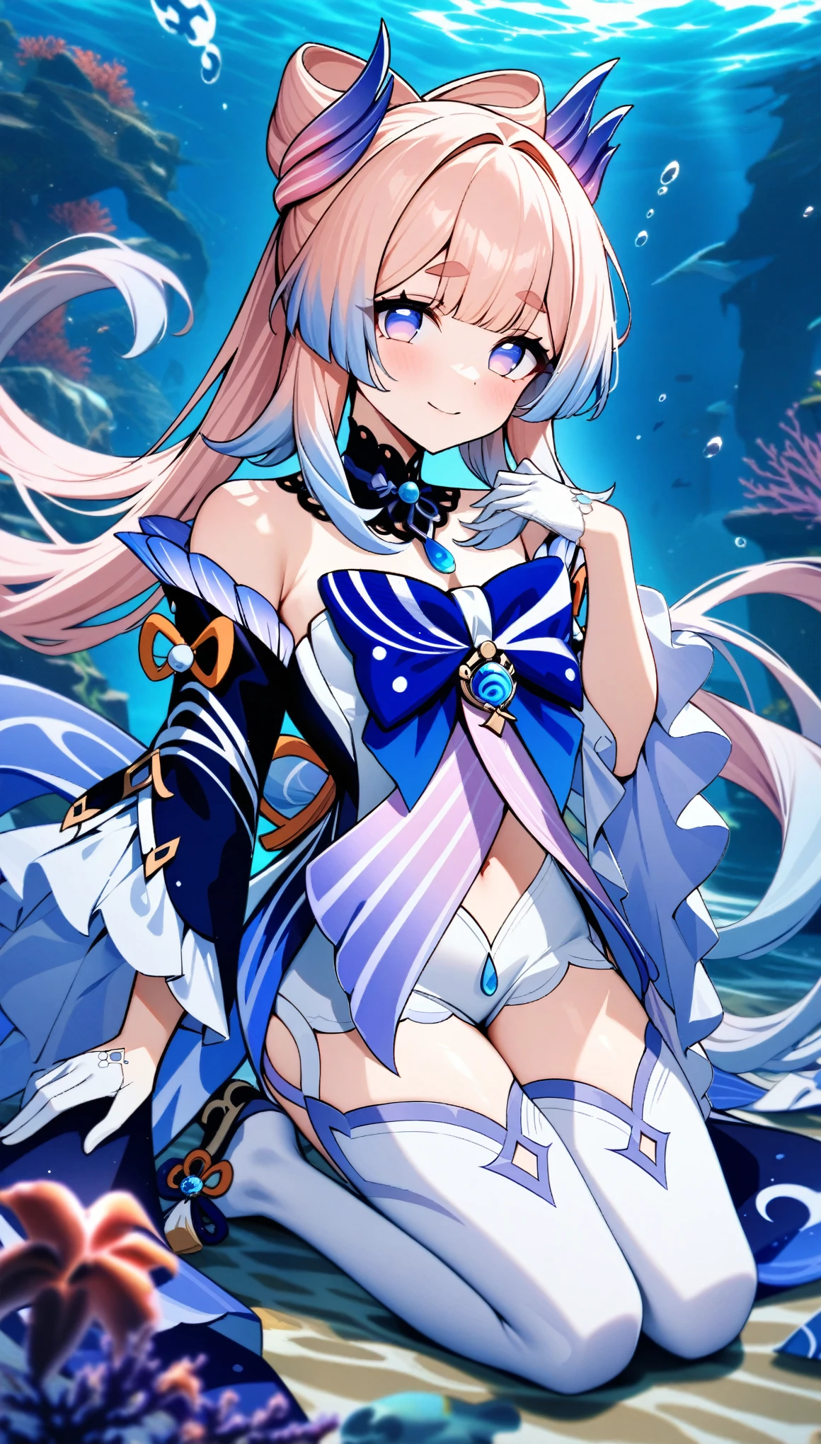 masterpiece, best quality, very aesthetic, absurdres, newest,
sangonomiya_kokomi(genshin_impact), 1girl, bare_shoulders, blue_hair, bow-shaped_hair,detached_sleeves,gloves, half_gloves,long_hair, long_sleeves, multicolored_eyes, multicolored_hair, pink_hair, thick_eyebrows, thighhighs,white_gloves, white_thighhighs, wide_sleeves, vision_(genshin_impact), full_body, colored_tips, hand_up, kneeling, looking_at_viewer, smile, solo, undersea