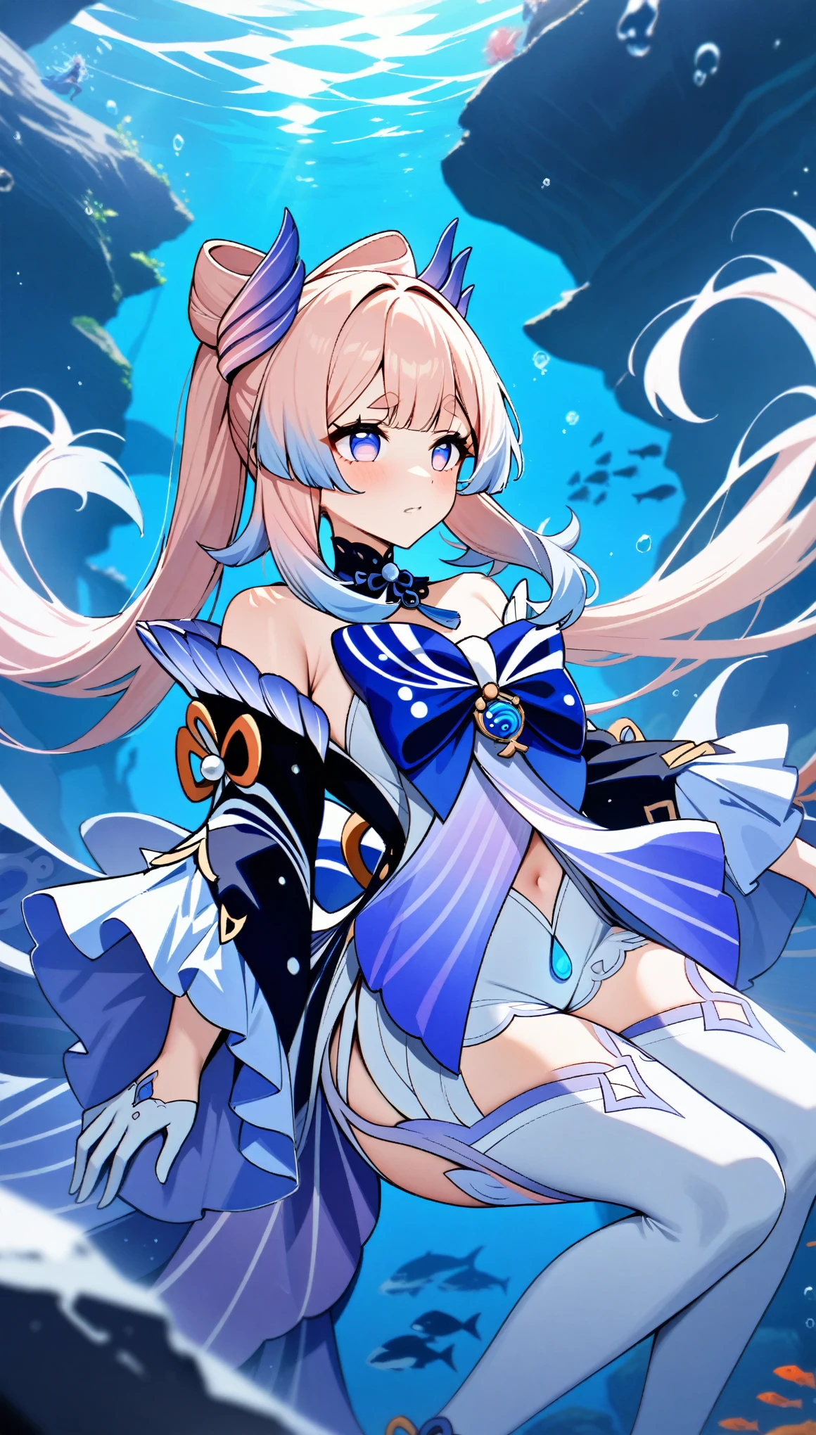 masterpiece, best quality, very aesthetic, absurdres, newest,
sangonomiya_kokomi(genshin_impact), 1girl, bare_shoulders, blue_hair, bow-shaped_hair,detached_sleeves,gloves, half_gloves,long_hair, long_sleeves, multicolored_eyes, multicolored_hair, pink_hair, thick_eyebrows, thighhighs,white_gloves, white_thighhighs, wide_sleeves, undersea