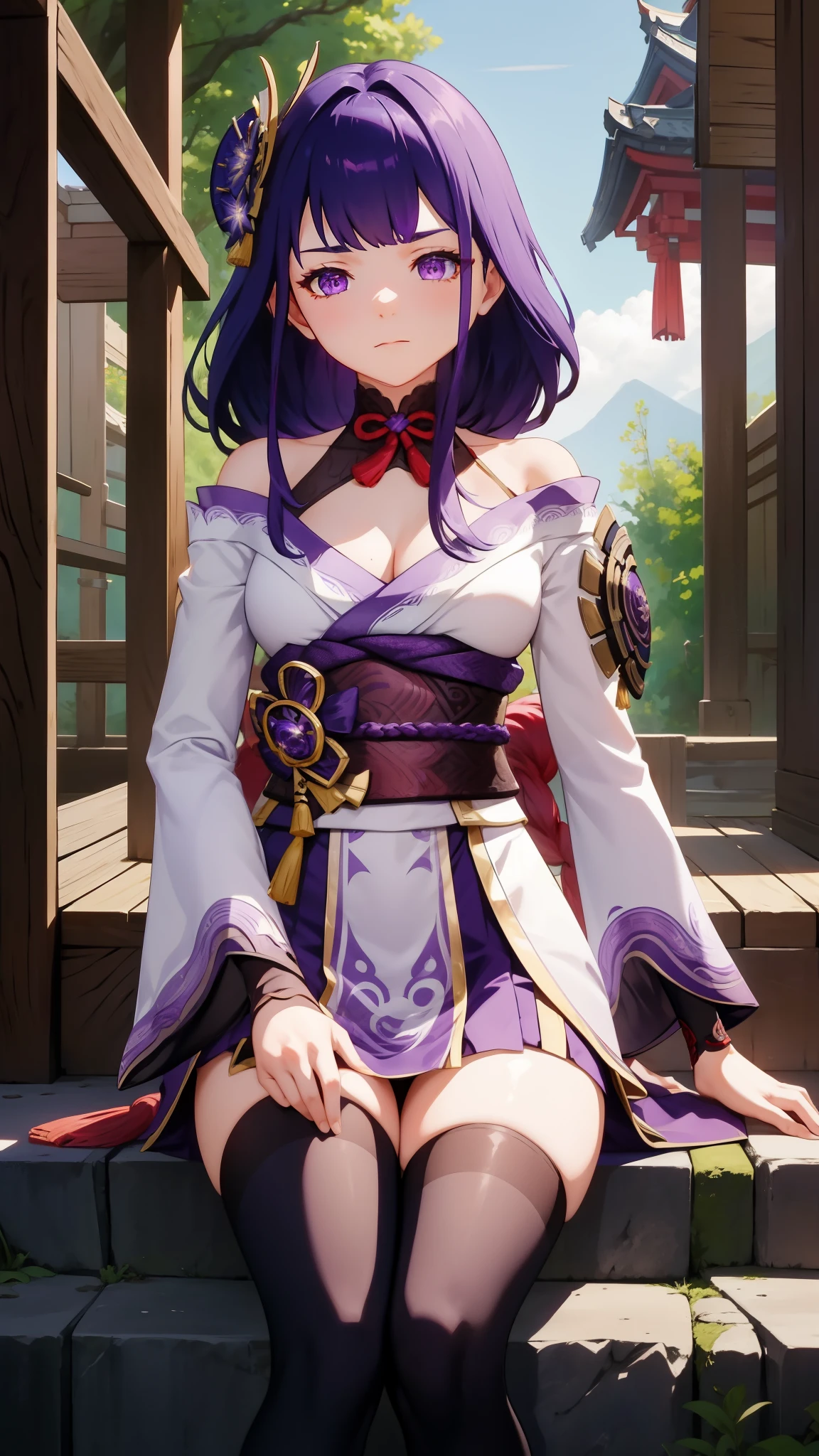 shogun, 1 girl, solo, long hair, looking at viewer, hair ornament, thighhighs, long sleeves, ribbon, holding, cleavage, closed mouth, purple eyes, weapon, purple hair, braid, flower, japanese clothes, sword, wide sleeves, kimono, holding weapon, armor, mole, blurry, sash, mole under eye, holding sword, obi, shoulder armor, tassel, bridal gauntlets, stairs, purple flower, vision (genshin impact), obijime, tomoe (symbol), obiage, mitsudomoe (shape),  