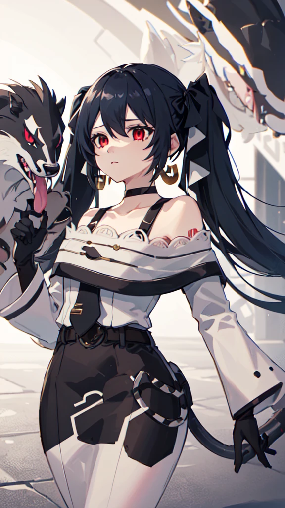 (masterpiece, highest quality, High resolution, Super detailed:1.2), (alone, One girl, Cowboy Shot), akumiku, Have, jewelry, Earrings, Twin tails, tie, Very long hair, gloves, choker, dress, Exposing shoulders, belt, Long sleeve, Red eyes, break, Serious expression, close,  break, night, city, nighttime, dark, (Obstagoon) 