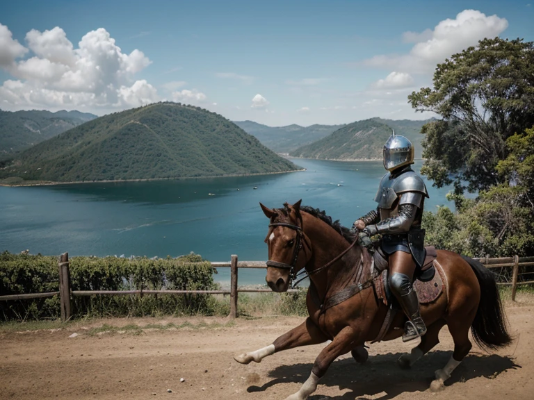 um cavaleiro, rosto coberto por um elmo, armadura ultra detalhada fullHD, reflexos detalhados, lago ao lado da estrada, estrada de barro, medieval times, reino medieval ultra detalhado, imagem limpa fullHD, contraste alto, ultra detailed population.