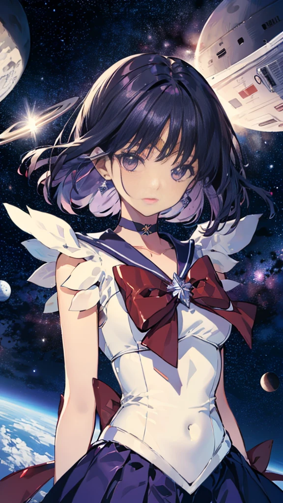 Sailor Saturn, purple Sailor collar, Sailor collar, Sailor Warrior Uniform, Gold tiara on forehead, Tomoe Hotaru, space, silence_sword,, (masterpiece:1.2), (Highest_quality:1.2), (Ultra_detailed:1.3), 8k, very_clear,