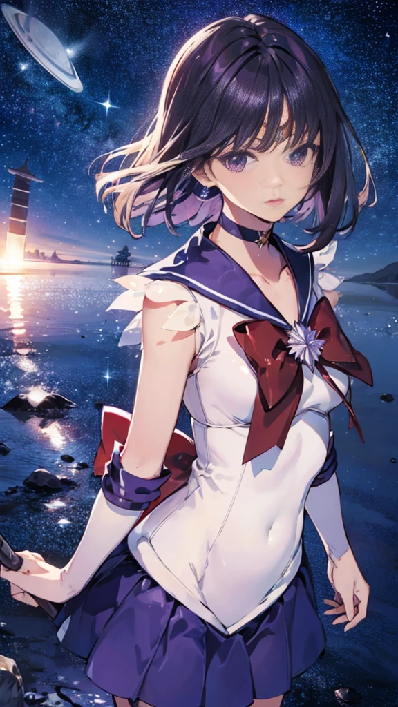 Sailor Saturn, purple Sailor collar, Sailor collar, Sailor Warrior Uniform, Gold tiara on forehead, Tomoe Hotaru, space, silence_sword,, (masterpiece:1.2), (Highest_quality:1.2), (Ultra_detailed:1.3), 8k, very_clear,