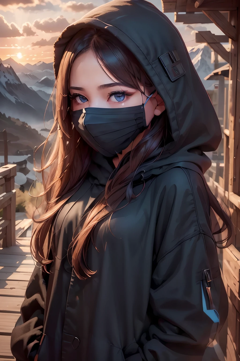 a girl wearing a stylish mask, detailed face, beautiful eyes and lips, stunning sunset landscape, mountains in the background, sunrays, cinematic lighting, highly detailed, 8k, photorealistic, vibrant colors, dramatic lighting, fantasy, digital art