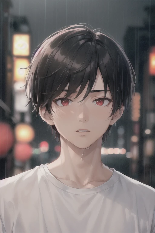 best quality, more details, masterpiece, 1boy, portrait, aesthetic, male focus, red eyes, solo, bangs, looking at viewer, muscles, short hair, rain, tokyo \(city\), white t shirt, nail polish, black hair, luxurious, 8k, detailed, ray tracing, depth of field, cinematic lighting,