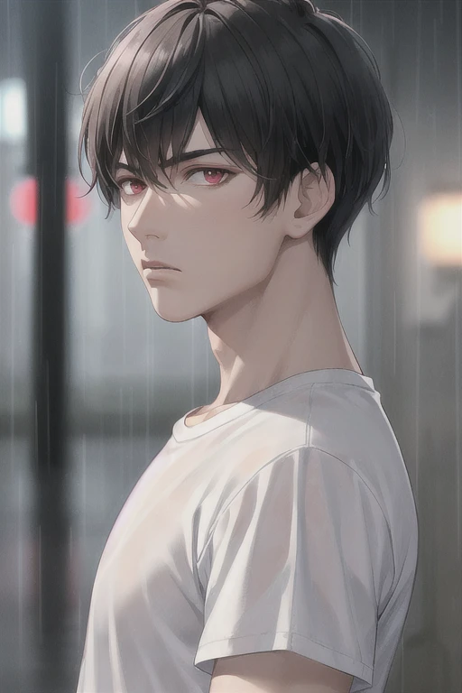 best quality, more details, masterpiece, 1boy, portrait, aesthetic, male focus, red eyes, solo, bangs, looking at viewer, muscles, short hair, rain, tokyo \(city\), white t shirt, nail polish, black hair, luxurious, 8k, detailed, ray tracing, depth of field, cinematic lighting,