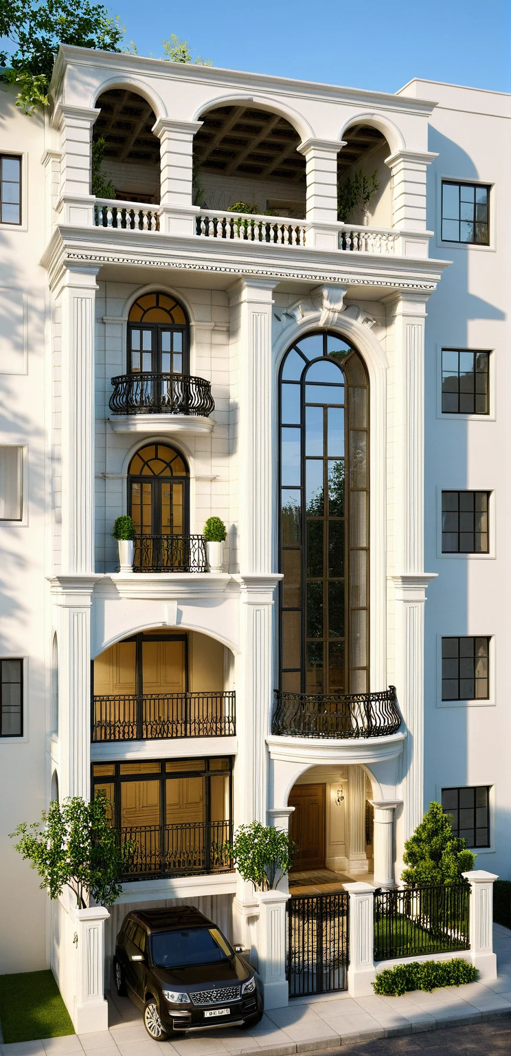 neoclassic house, exterior design, (white wall:1.2), (cornice details, neoclassical relief details), (iron gate), (reflection glass Tree shadow scattering), window, (focus on object), (Neutral lighting is suitable for the neoclassic house, light color thermometer lighting), (architectural design visualization), (focus on object), (material normal bump real reflection), (scattered light), (light ray), (multi-beam light), (sunbeam) (multi-level reflection), (chao vantage software visualization render),(((Best Quality))), ((Masterpiece)), ((best illustration)), ((best shadows)), ((Super Detail)), (Intricate lines), (Photorealism),(hyper detail), ((archdaily)), ((award winning design)), (dynamic light), ((dawn sun light )), (perfect light), (shimering light), ((photorealistic)), ((intricate detail)), ((extreme detail)), ((crazy detail)), ((octane render)), ((trending on artstation)), ((High-fidelity)), ((Viwvid)), ((Crisp)), ((Bright)), ((Stunning)), ((Eye-catching)), ((High-quality)),((Sharp))((Bright)), ((Stunning)), ((natural sun environment)), ((Eye-catching)), ((Illuminating)), ((Flawless)), ((High-quality)),((Sharp edge render)), ((medium soft lighting)), ((photographic render)), ((detailed archviz)), ((reality environment)), (neoclassic house design architectural design facade), (neoclassic house facade roof design), (neoclassic house facade wall design), (neoclassic house facade decoration material design) (neoclassic house facade door and window design), (environmental lighting design), (neoclassic house facade lighting design), (neoclassic house front gate and fence design), (tree decoration design for neoclassic house facade), (Design lights for gate posts and fences), (neoclassic house facade railing design), (level of photo realism, depends on lighting, materials, composition, Real-Time Rendering, based on chao vantage timage rendering graphics software)