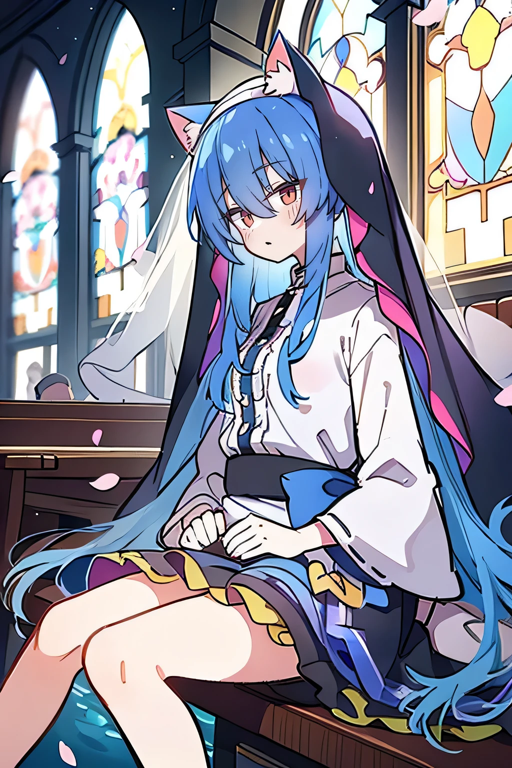 (masterpiece:1.2),Extremely detailed,Practical,expressive eyes,Fair skin,Perfect face shaping,1 Girl,
Japanese cartoons,Gorgeous blue hair, the long flowing blue hair,Floating clothes,Cat ears,Petals fall,beautiful lola,Young Angel,
Place your hands on your waist,sit elegantly on the ground,Cross your legs,Gentle and peaceful background,stately church,nun,lie on the water.