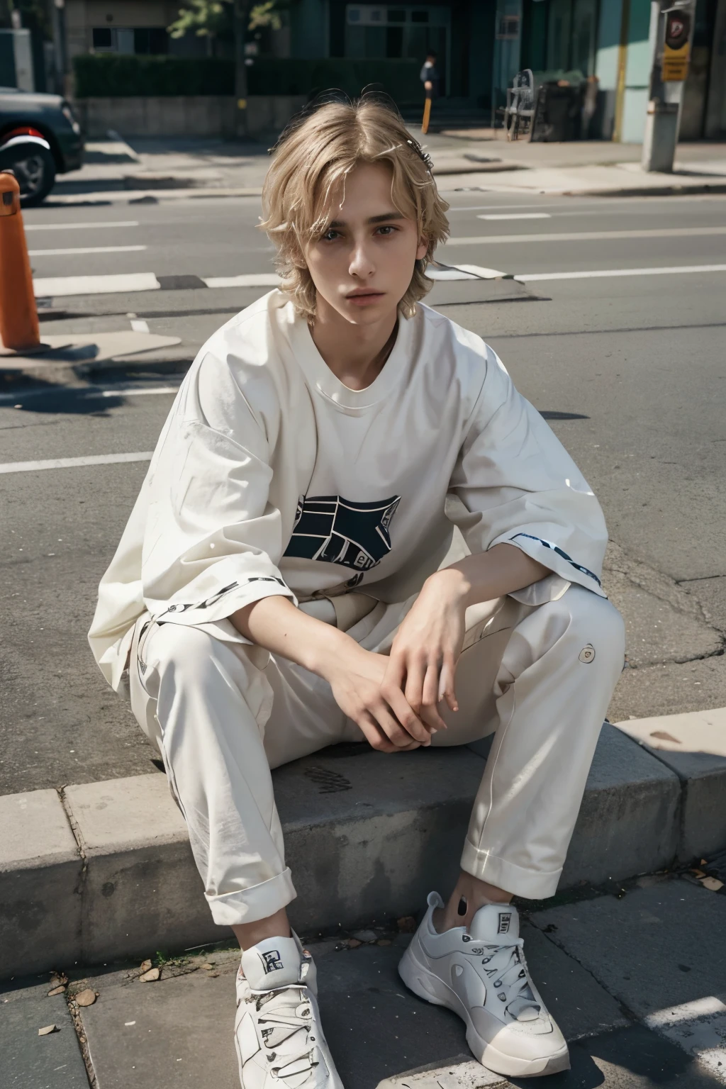 Juggernaut XL style, ultra realistic, platinum BLOND hair, timothee chalamet as homeless teen in Korea, sitting on street curb, official Mens Vogue editorial, official Gucci editorial model, he is wearing Kenzo mens, finn wolfhard, vman magazine, delicate androgynous prince