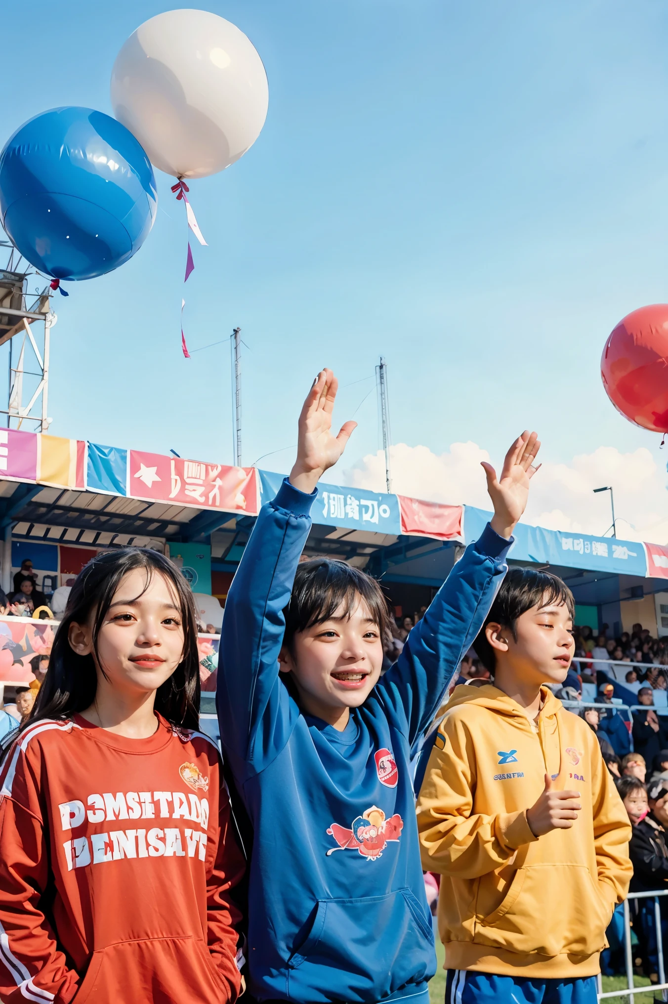 (Children's Day illustration), three children dressed in casual sportswear raise their hands and cheer on the football field, which is bright and warm, surrounded by streamers and balloons, and the crowd cheers. Characters occupy a small part of the picture.