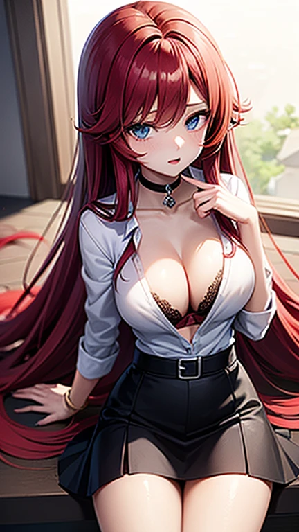 a beautiful anime girl, red long hair, blue eyes, white open shirt, black and red bra, black skirt