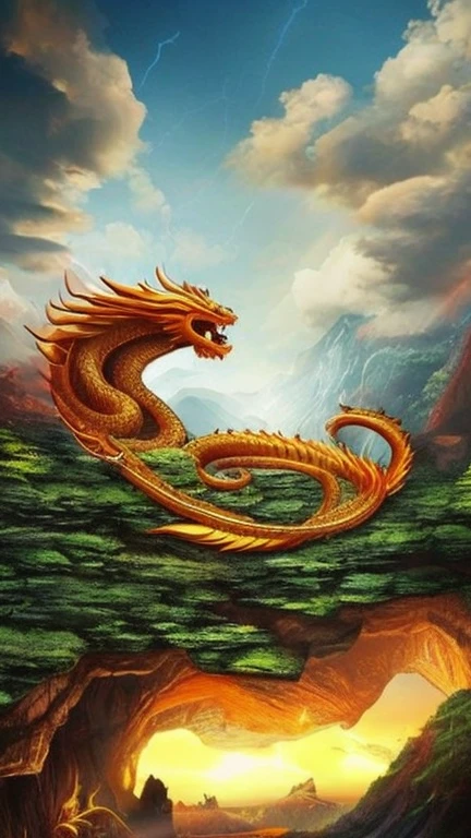 So sublime and divine々A beautiful golden dragon coiled up in the center of the screen, glaring at the camera.。金色のThe dragon is幸せをもたらす神なのでとても有難い存在である。The surrounding area is a canyon where no one can get close, and lightning is flashing in the background.、The sun is shining brightly。The dragon is、I want a realistic image。A man standing at the bottom of the canyon is worshipping the dragon with gratitude.。