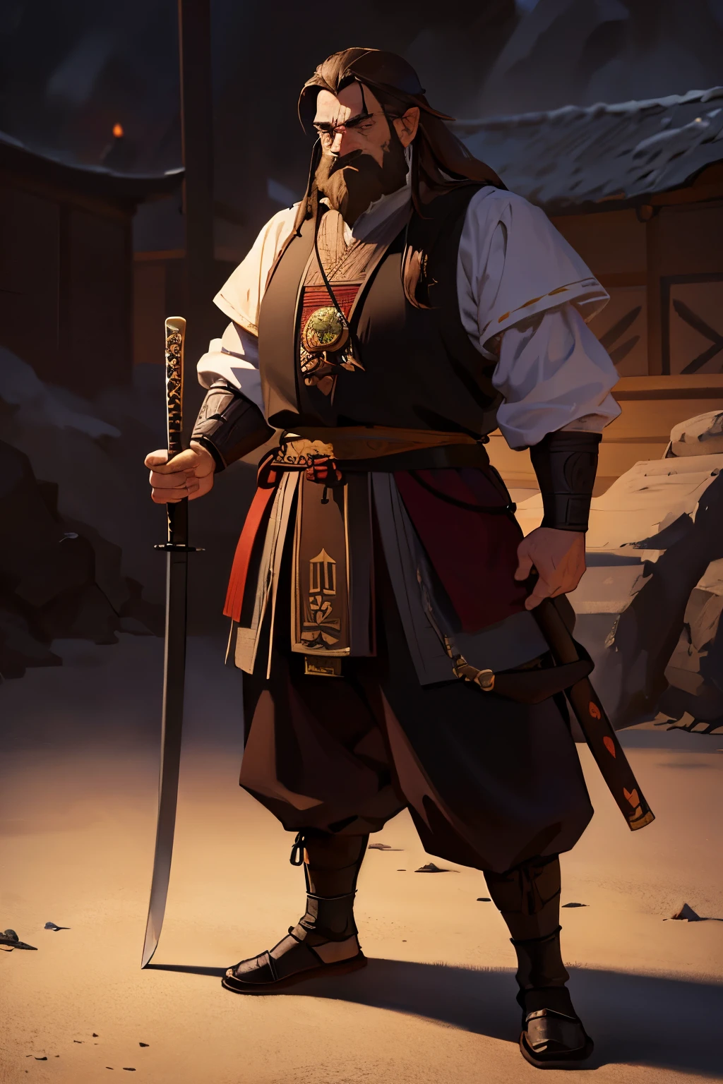 1 dwarf man, 120 years old, long dark brown hair, no beard, brown eyes, serious smile, wearing japanese style clothing, katana in sheath on the belt, day medieval city background, fantasy, medieval, asian, magic, high res, ultrasharp, 8K, masterpiece, looking behind viewe