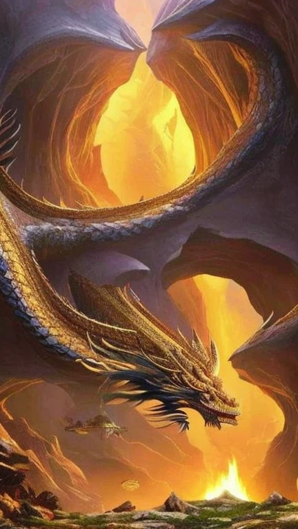 So sublime and divine々A beautiful golden dragon coiled up in the center of the screen, glaring at the camera.。金色のThe dragon is幸せをもたらす神なのでとても有難い存在である。The surrounding area is a canyon where no one can get close, and lightning is flashing in the background.、The sun is shining brightly。The dragon is、I want a realistic image。A man standing at the bottom of the canyon is worshipping the dragon with gratitude.。