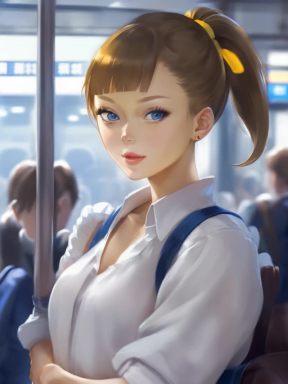 masterpiece, highest quality, One girl, , take a train,
Yellow high ponytail、 Blue eyes
 