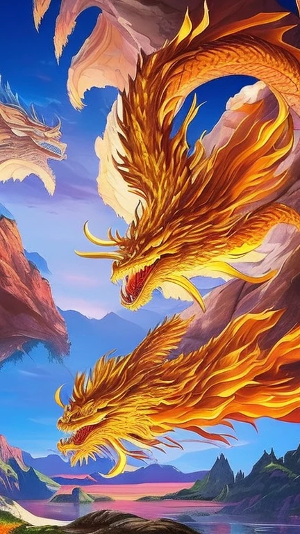 So sublime and divine々A beautiful golden dragon coiled up in the center of the screen, glaring at the camera.。金色のThe dragon is幸せをもたらす神なのでとても有難い存在である。The surrounding area is a canyon where no one can get close, and lightning is flashing in the background.、The sun is shining brightly。The dragon is、I want a realistic image。A man standing at the bottom of the canyon is worshipping the dragon with gratitude.。