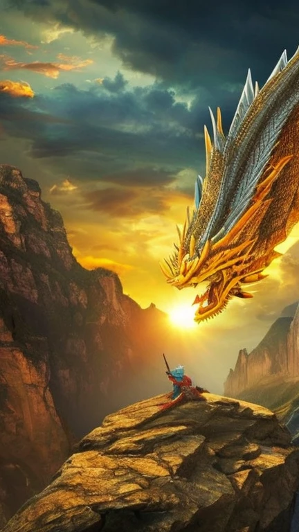 So sublime and divine々A beautiful golden dragon coiled up in the center of the screen, glaring at the camera.。金色のThe dragon is幸せをもたらす神なのでとても有難い存在である。The surrounding area is a canyon where no one can get close, and lightning is flashing in the background.、The sun is shining brightly。The dragon is、I want a realistic image。A man standing at the bottom of the canyon is worshipping the dragon with gratitude.。