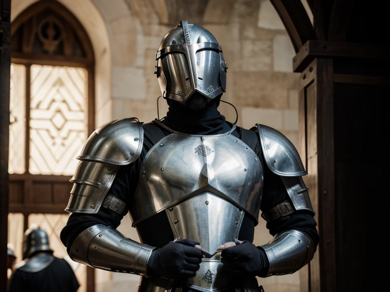 um cavaleiro, rosto coberto por um elmo, armadura ultra detalhada fullHD, corpo inteiro, reflexos detalhados, reino medieval ao lado ultra detalhado fullHD, estrada de barro, medieval times, reino medieval ultra detalhado, imagem limpa fullHD, contraste alto, ultra detailed population.