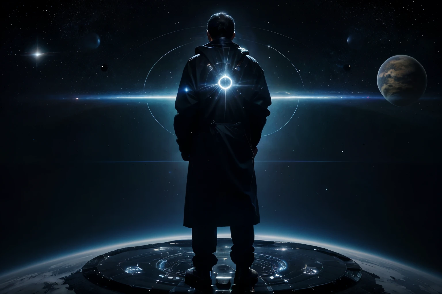 A man standing before a space full of planets, sua mente contemplando a eternidade, consciousness projection, rosto derretendo no universo, they reach into his mind, the rise of consciousness, elevated consciousness, mind exploration, rasing of consciousness, infinite consciousness, cosmic enlightenment, no plano astral ) ) ), um ser interdimensional, distributed consciousness