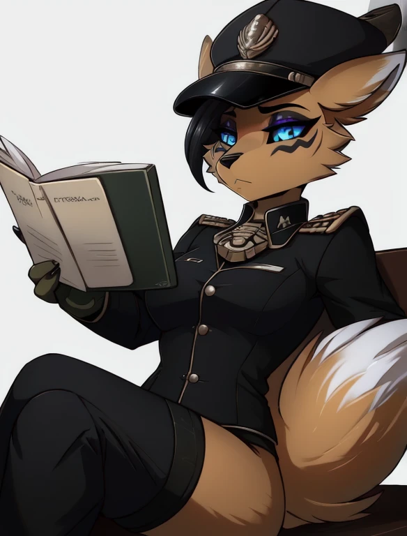 Warhammer_40 thousand_Commissar,((masterpiece)), (Best quality), (detailed), Black uniform, mascara, Eyeliner, eyeshadow, Upper body, pomade, anthro furry fox, wicked, bristle,
 (8k contract, masterpiece, Best quality, High quality, absurdity, ultra-detailed), sitting in an office, white background