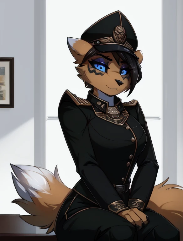 Warhammer_40 thousand_Commissar,((masterpiece)), (Best quality), (detailed), Black uniform, mascara, Eyeliner, eyeshadow, Upper body, pomade, anthro furry fox, wicked, bristle,
 (8k contract, masterpiece, Best quality, High quality, absurdity, ultra-detailed), sitting in an office, white background