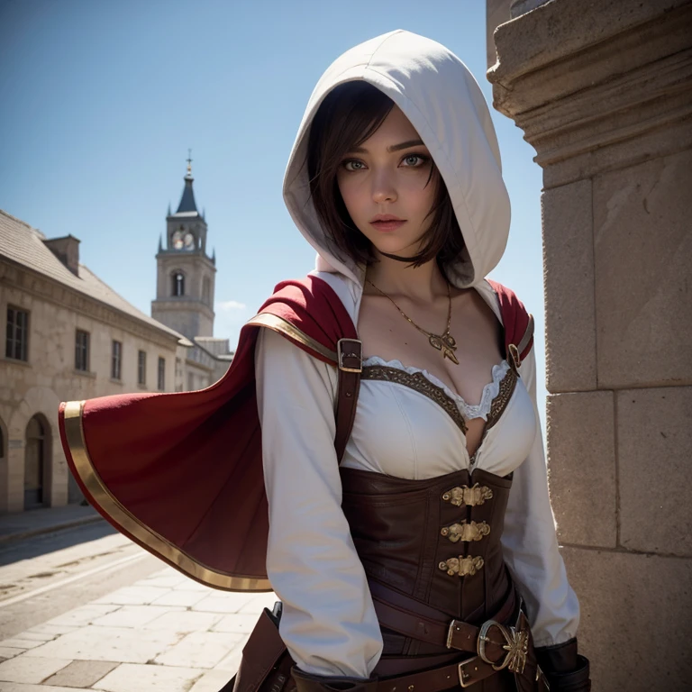 A full-body shot of Princess Zelda, brown hair, blue eyes, dressed as an Assassin from Assassins Creed, in white+gold witha white mask and hood with gold details, XL bust, using a wrist blade. Background: A city during the renaissance period. Unreal Engine 5, Anime, Anime style, Masterpiece, Well drawn eyes, well drawn face, well detailed eyes, well detailed face, 8k, light and shadow effect.