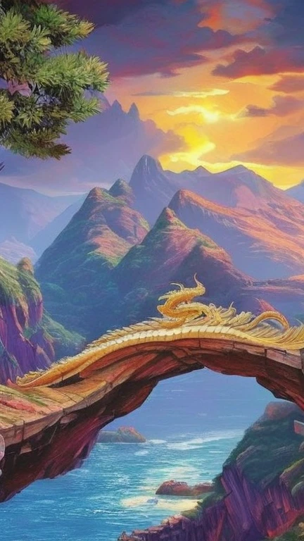 So sublime and divine々A beautiful golden dragon coiled up in the center of the screen, glaring at the camera.。金色のThe dragon is幸せをもたらす神なのでとても有難い存在である。The surrounding area is a canyon where no one can get close, and lightning is flashing in the background.、The sun is shining brightly。The dragon is、I want a realistic image。A man standing at the bottom of the canyon is worshipping the dragon with gratitude.。