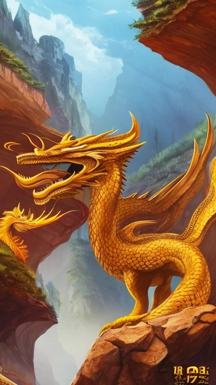 So sublime and divine々A beautiful golden dragon coiled up in the center of the screen, glaring at the camera.。金色のThe dragon is幸せをもたらす神なのでとても有難い存在である。The surrounding area is a canyon where no one can get close, and lightning is flashing in the background.、The sun is shining brightly。The dragon is、I want a realistic image。A man standing at the bottom of the canyon is worshipping the dragon with gratitude.。