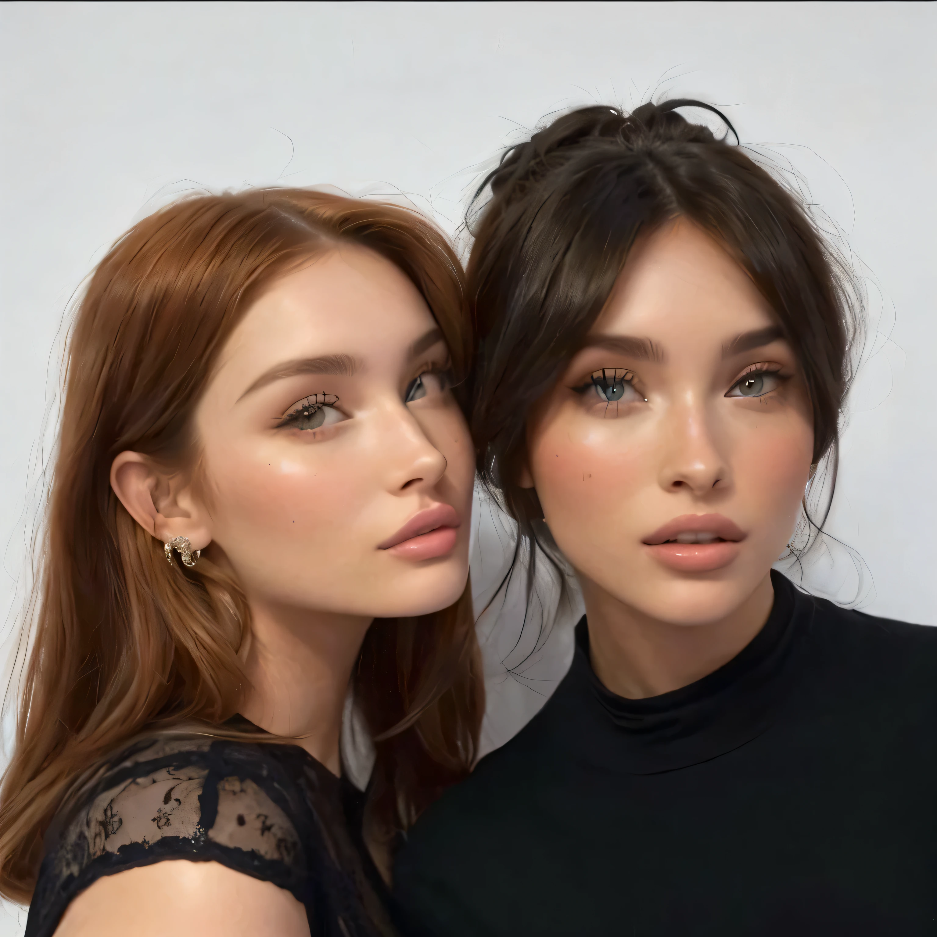 Dos mujeres posando para una foto frente a una pared blanca., Bella Thorne y Megan Fox, dos modelos en el marco, caras hermosas, caras perfectas, Retrato de Sophie Mudd, alena aenami and lilia alvarado, caras hermosas, julia sardinia, charli bowater y artgeem, big cheekbones, defined cheekbones, high cheekbones