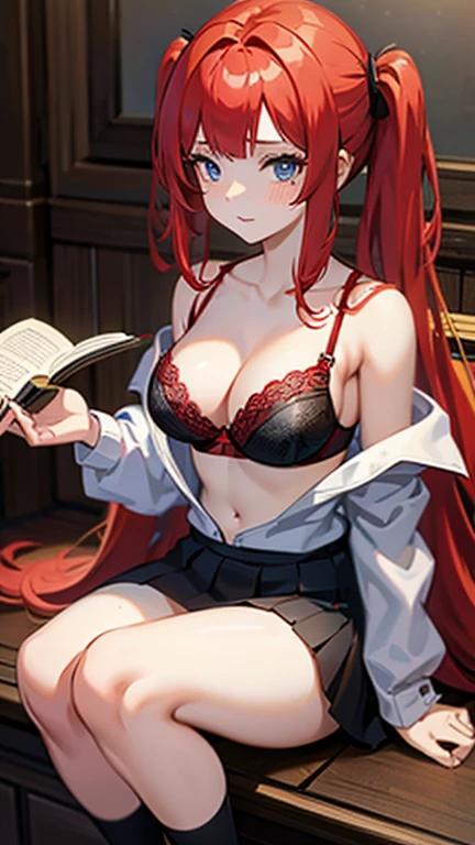 An anime girl with red hair and blue eyes wearing a skirt and an open shirt revealing a stunning black and red lace bra