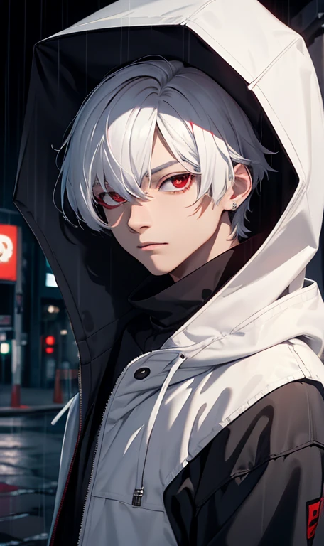 kk, best quality, more details, masterpiece, 1boy, kaneki ken, portrait, male focus, red eyes, solo, bangs, looking at viewer, hood, short hair, rain, tokyo tokyo \(city\), hood up, nail polish, white hair, luxurious, 8k, detailed, ray tracing, depth of field, cinematic lighting,