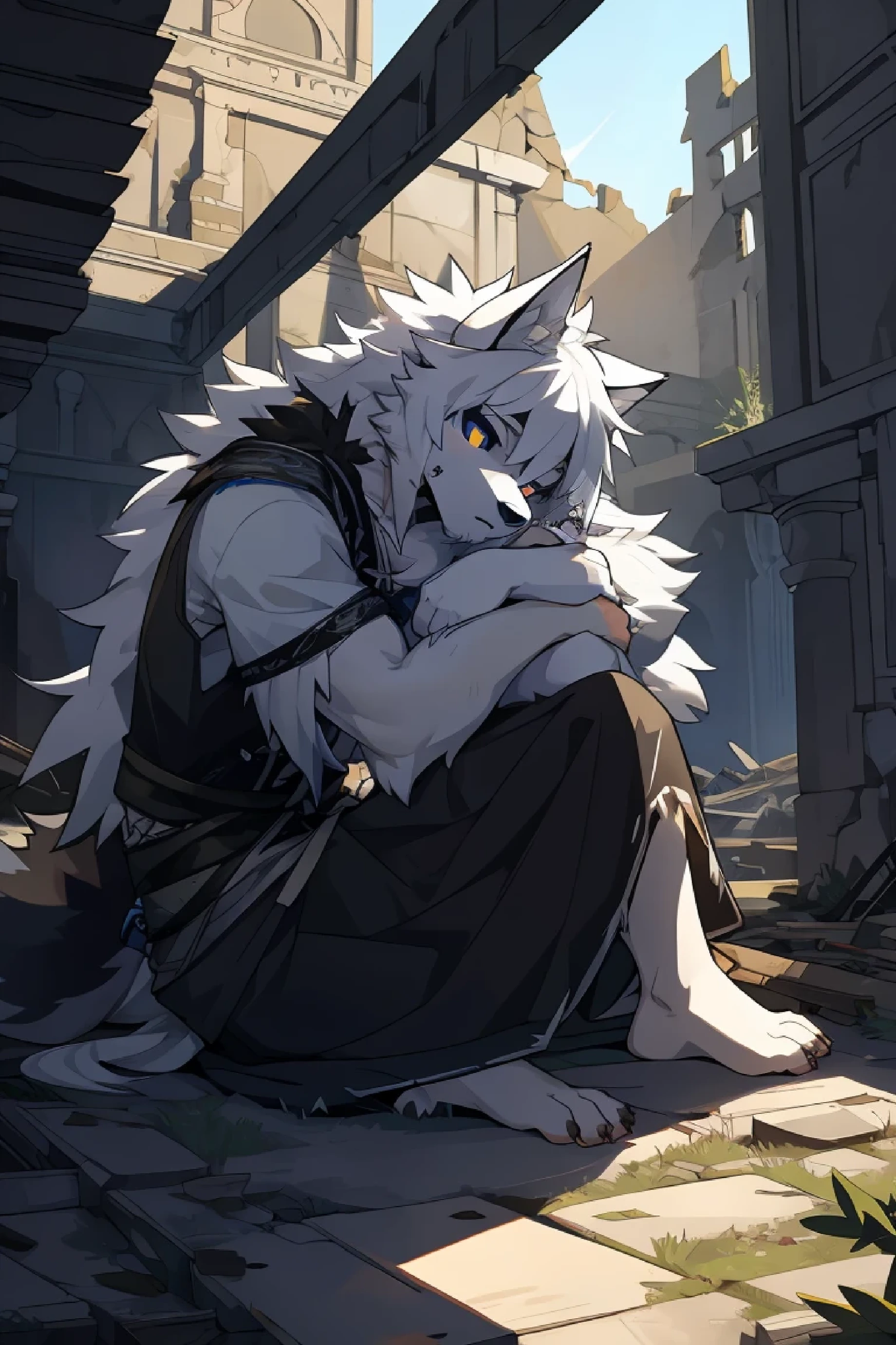 hairy,hairy wolf,white hair,male，young,Little cutie,Black sclera,Wolf Tail,Very detailed,White fur,In ruins，Calm and alert