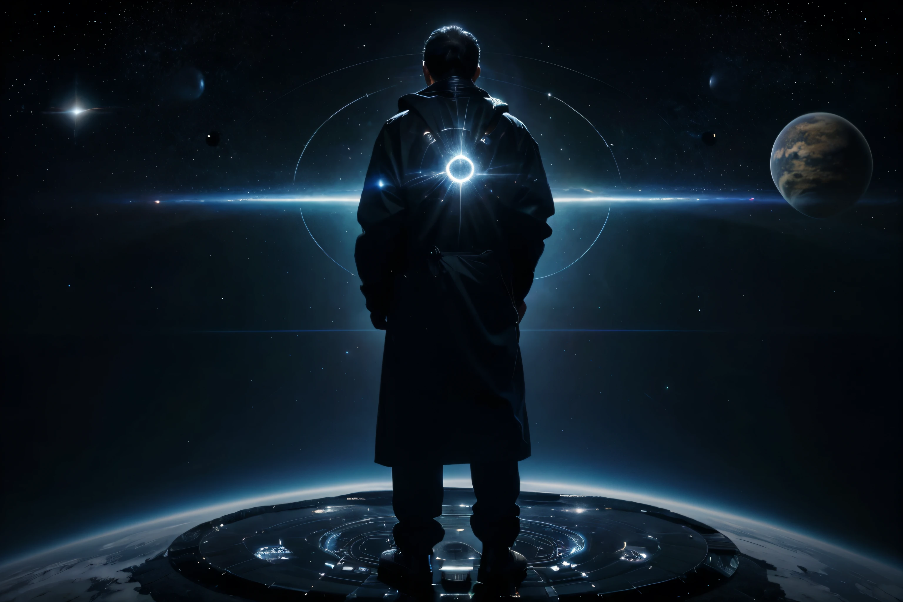 A man standing before a space full of planets, sua mente contemplando a eternidade, consciousness projection, rosto derretendo no universo, they reach into his mind, the rise of consciousness, elevated consciousness, mind exploration, rasing of consciousness, infinite consciousness, cosmic enlightenment, no plano astral ) ) ), um ser interdimensional, distributed consciousness