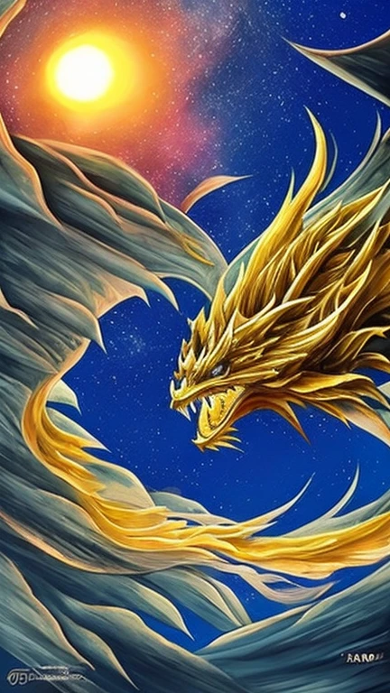 So sublime and divine々A beautiful golden dragon coiled up in the center of the screen, glaring at the camera.。金色のThe dragon is幸せをもたらす神なのでとても有難い存在である。The surrounding area is a canyon where no one can get close, and lightning is flashing in the background.、The sun is shining brightly。The dragon is、I want a realistic image。A man standing at the bottom of the canyon is worshipping the dragon with gratitude.。