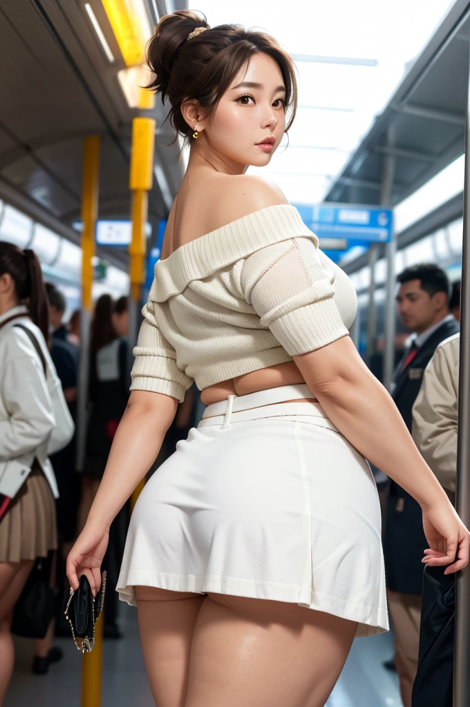 masterpiece,ultra detailed,,(sideshot,from behind,ass focus,doggystyle:1.2),(micro naughty white tanga,brown skirt turned up,short skirt:1.5)(,off-the -shoulder white sweater,earring:1.1),(from below,upskirt:1.3),huge buttocks,(walking in train station:1.3),(tanned skin,light brown hair:1.2),22 years old,(tareme:1.4),(curvy mature body:1.3),,sweaty,beautiful,,(thick  thighs:1.2),