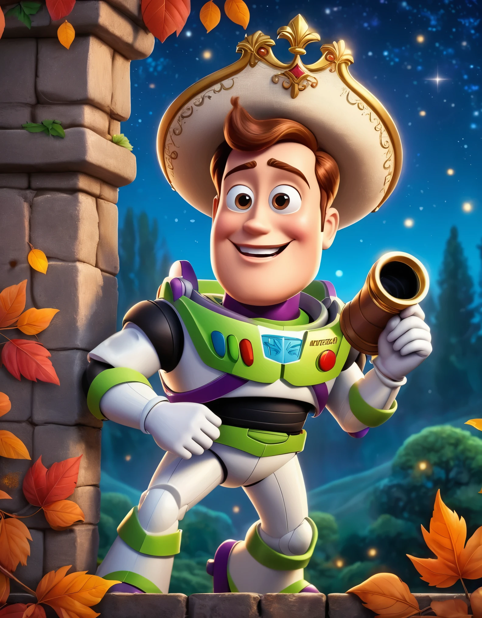 Cute cartoon illustration, (masterpiece in maximum 16K resolution, superb quality, ultra detailed:1.3), menacing ((Buzz Lightyear)) holding a decorative sharp scythe with the ((heart-shaped glowing top)), ((wearing an intricately designed sophisticated full dark cloak)) of purple, summer forest cemetery at misty night, (grand obelisk), ((blurry background)).