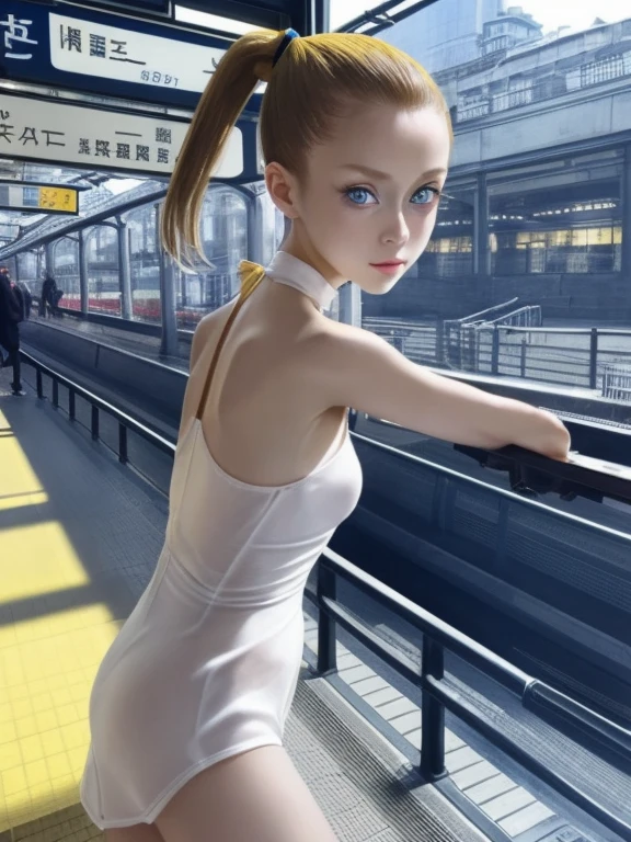 masterpiece, highest quality, One girl, , take a train,
Yellow high ponytail、 Blue eyes
 