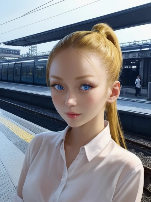 masterpiece, highest quality, One girl, , take a train,
Yellow high ponytail、 Blue eyes
 