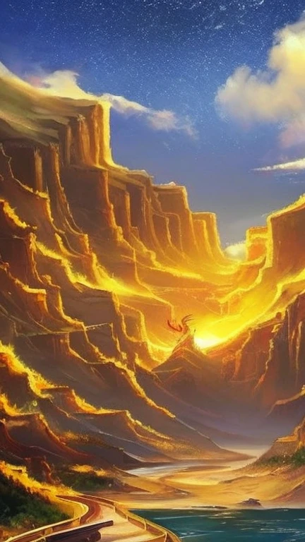 So sublime and divine々A beautiful golden dragon coiled up in the center of the screen, glaring at the camera.。金色のThe dragon is幸せをもたらす神なのでとても有難い存在である。The surrounding area is a canyon where no one can get close, and lightning is flashing in the background.、The sun is shining brightly。The dragon is、I want a realistic image。A man standing at the bottom of the canyon is worshipping the dragon with gratitude.。