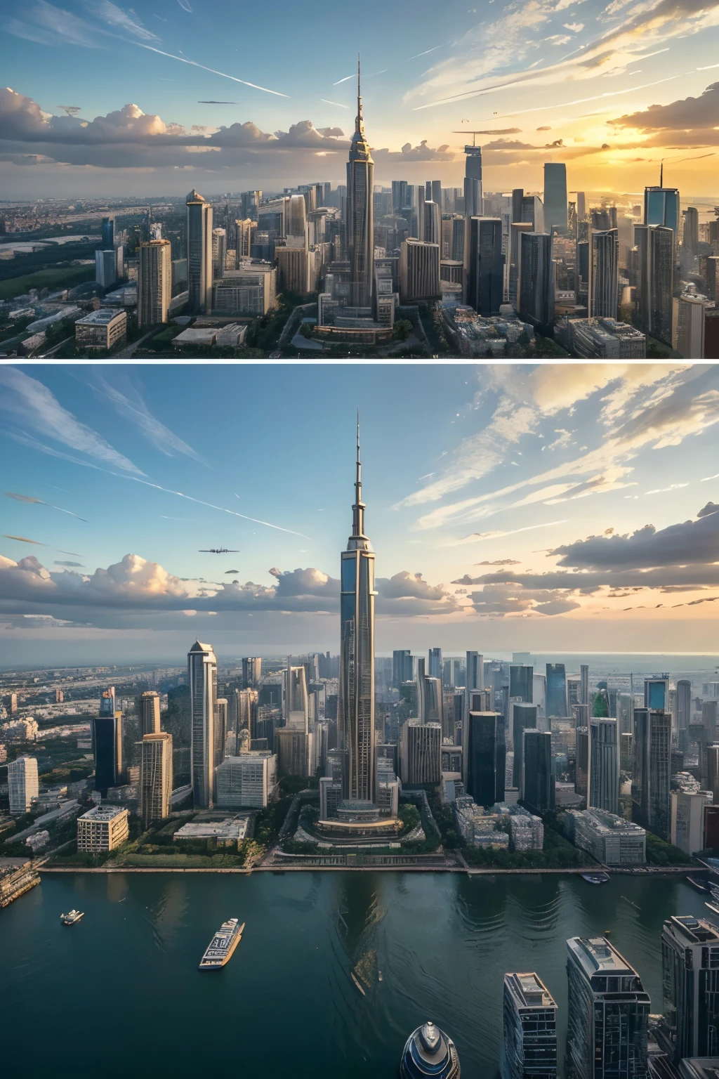 Photo of a metropolitan cityscape, combining the iconic high-rise buildings: Skytree Chengdu Greenland 468, Hangzhou Wangchao Center, Beijing Lize Soho, New York Chrysler Building, and Seattle's TV Tower. This city, named NeoCosmopolis, looks extremely prosperous, highlighted by a myriad of towering skyscrapers that serve as its landmark buildings. The coastline, perhaps the West Lake or the Pacific Ocean, provides a beautiful contrast to the urban metropolis.
(Best quality, Ultra-detailed, Golden ratio, Masterpiece: 1.2)
The cityscape is