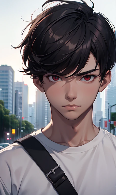 best quality, more details, masterpiece, 1boy, portrait, male focus, red eyes, solo, bangs, looking at viewer, muscles, white t shirt, black joggers, short hair, rain, tokyo tokyo \(city\), nail polish, black hair, luxurious, 8k, detailed, ray tracing, depth of field, cinematic lighting, full body, 