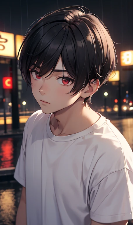 best quality, more details, masterpiece, 1boy, portrait, male focus, red eyes, solo, bangs, looking at viewer, muscles, white t shirt, black joggers, short hair, rain, tokyo tokyo \(city\), nail polish, black hair, luxurious, 8k, detailed, ray tracing, depth of field, cinematic lighting, full body, 