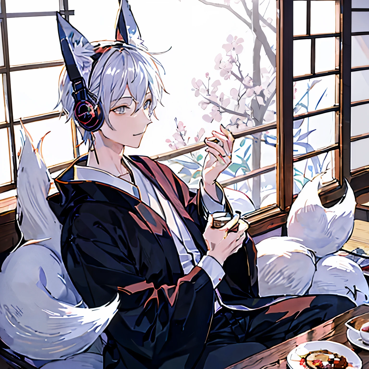 one person、handsome、Listening to music with headphones in a traditional Japanese cafe、((male))、((Fox ears))、Silver Hair、Fox ears、Fox&#39;s Tail、kimono、Japan、lo-fi