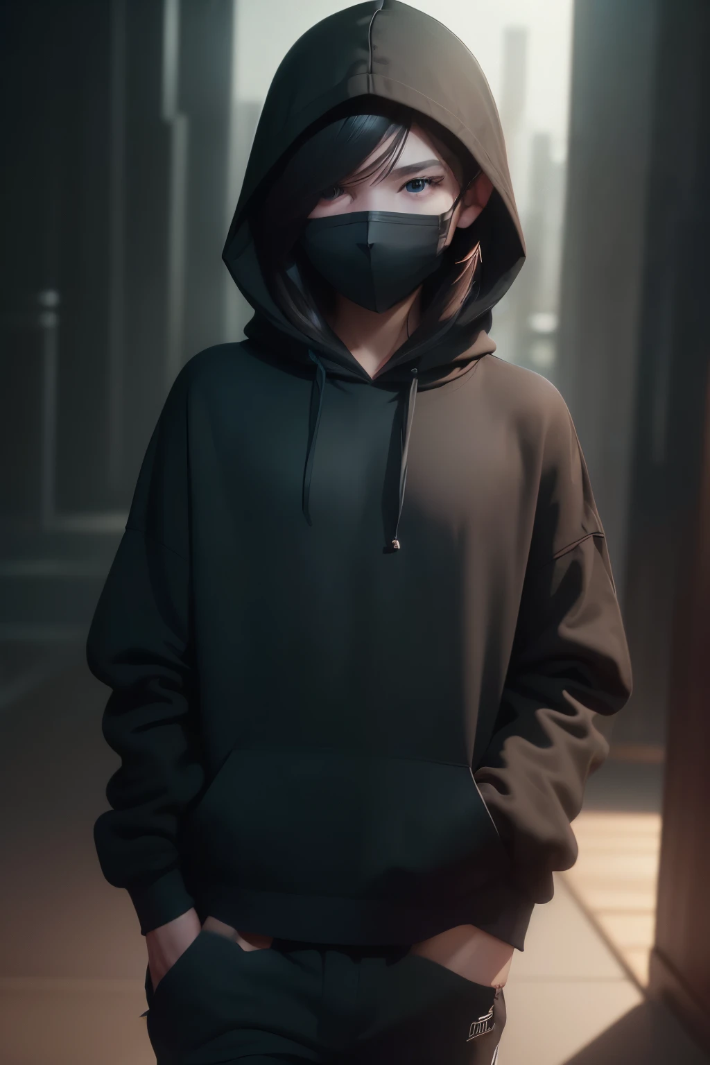 masterpiece, best quality, extremely detailed CG unity 8k wallpaper, 1 boy, simple black clothes, black hoodie, black sweatpants, dark blue mask from ear to ear, realistic, photorealistic, photo-realistic:1.37, cinematic lighting, dramatic lighting, chiaroscuro, moody, dark atmosphere, deep shadows