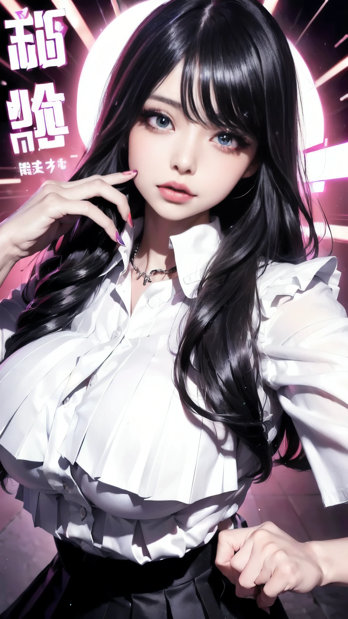 ((JAV Cover:1.8, Big Titles, Countless sentences:1.3、 Cute and pop title text:1.8)),(SFW:1.8, highest quality、highest quality、masterpiece、Ultra-high resolution, 8k, RAW Photos, Realistic: 1.4), (Safe and secure、everyone、safety sensor、Absolutely safe, safety), Lighting to suit your space、From feet to head、One Girl, the body is slim、Oval Face, pore, (Multi-colored contact lenses、Lip gloss, Long eyelashes), (Mega-sized big breasts:1.5), Big cleavage、 (Detailed pupil, Perfect Eyes:1.2), (A lot of ear piercings), necklace, Attractive perfect female proportions, Fine surface texture, uniform、Captivating woman、Cute Girls、Teenage Girl、One Girl、From head to toe、break、((Oily skin:1,5)), Oval Face, pore,(Sparkly red glitter gloss eyeliner:1.1, jirai make up:1.2) 、(Colored contact lenses、Long eyelashes、Jirai Girl, Jirai Type Makeup:1.3)、Long black hair、(White shirt and black pleated skirt:1.8)、relax、break、(Shiny fluorescent pink gloss lip:1.3), (nightのIn front of a neon-lit Japanese love hotel:1.5, Standing and posing sexy)、(Squint your eyes:1.3,Please open your mouth wide:1.2、Ecstatic face:1.2)、(night:1.5)