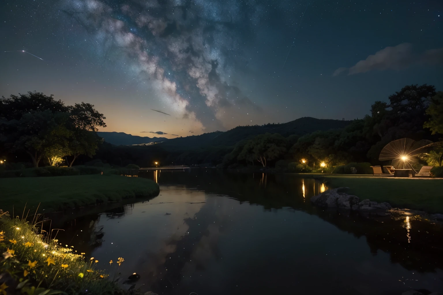 master part, gorgeous, Landscape, (((DDIM_HumaDDIMs))), Noite, flor, Jardim, Starry sky, constellations, atordoante, vista, water, quente, aconchegante, peaceful, Meteoro, cosmico, Magic, magia, particuls, Justo, ((Pirilampos))